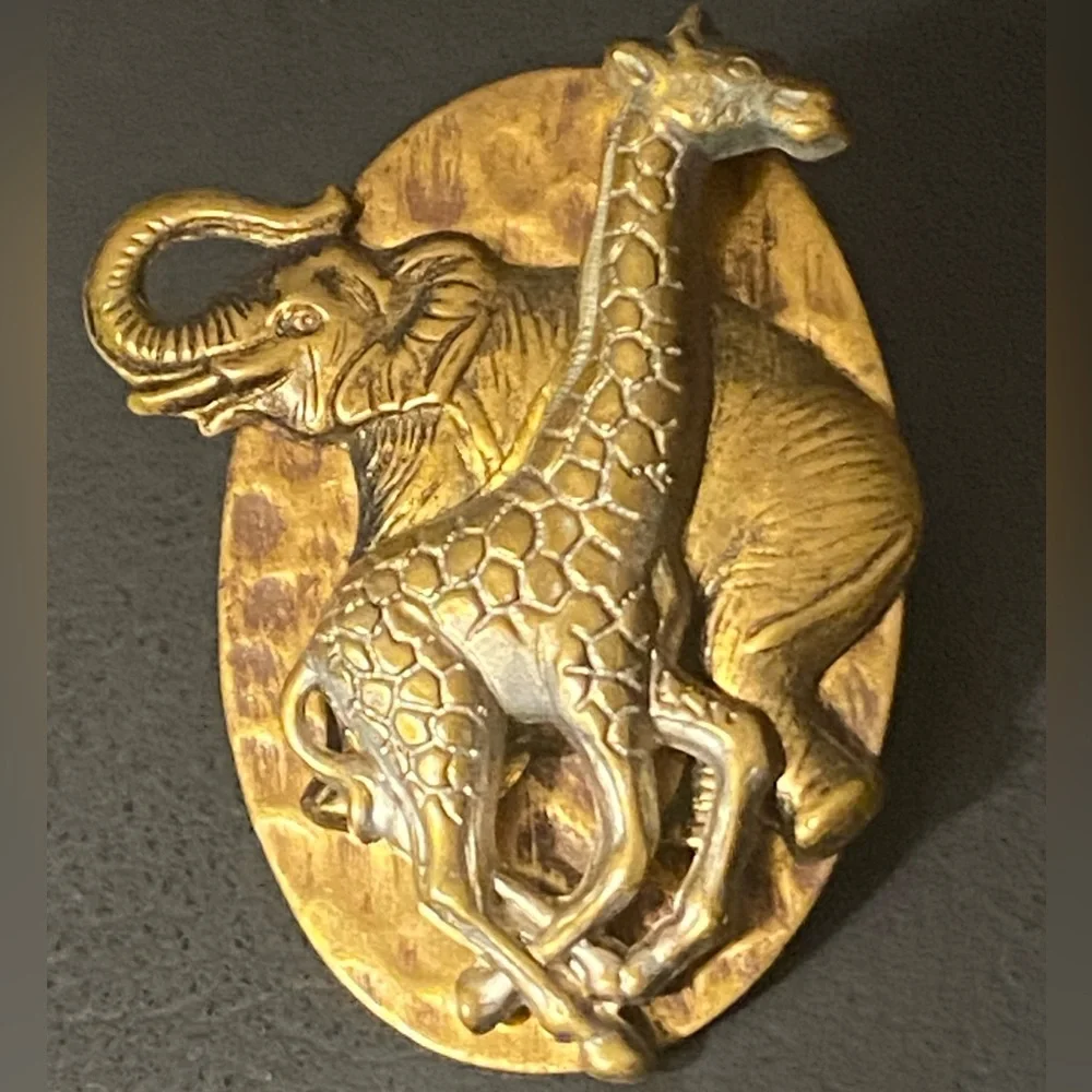 Vintage 3D Raised Safari-themed Metal Pierced Earrings Giraffe & Elephant Brass